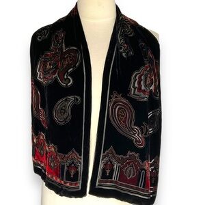 Vintage Scarf Burnout Velvet Black Red Sheer Paisley Sheer‎ Silk Neck Wrap